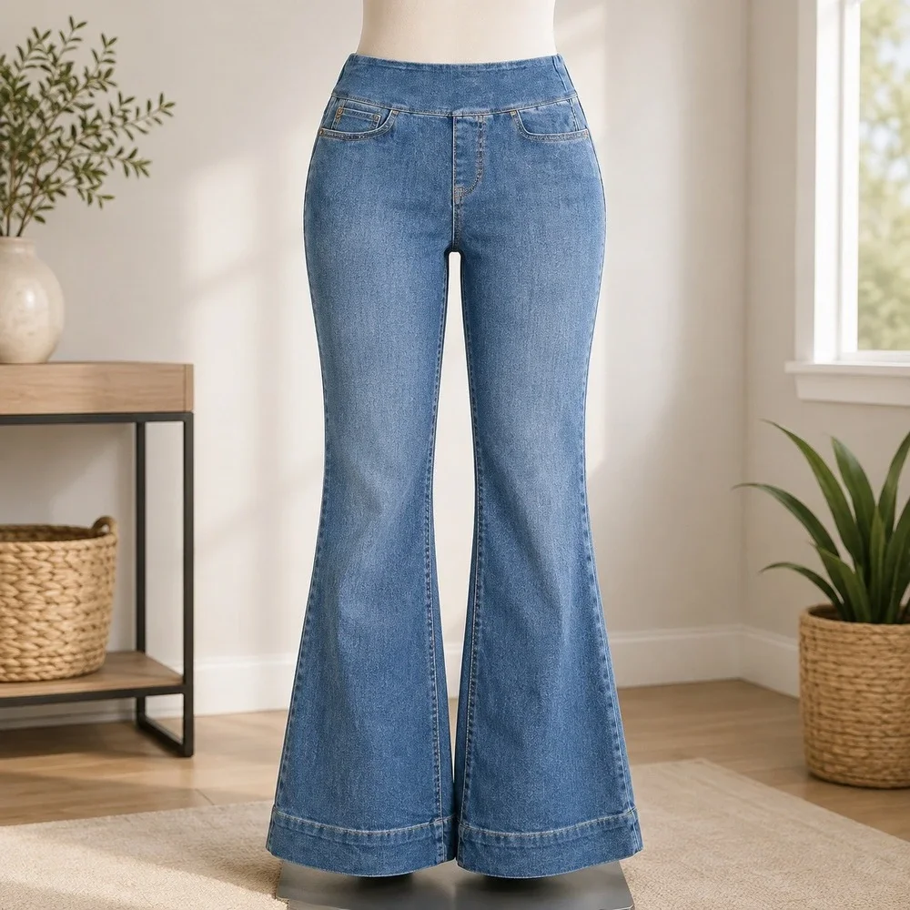 Belle Kim Gravel Flare Jeans Womens 4P Blue TripleLuxe Pull On Stretch Denim